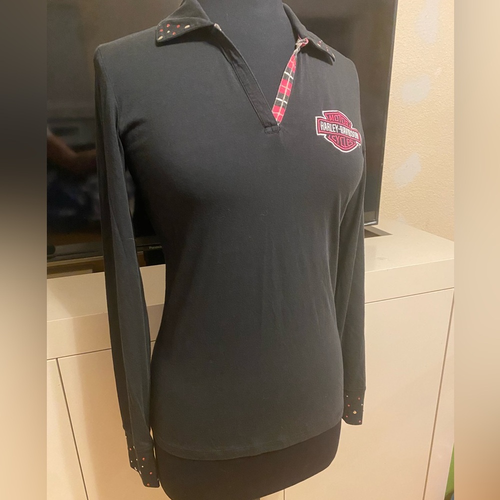 Harley Davidson long sleeve shirt Black Pink Plaid Bedazzled collared HD Logo